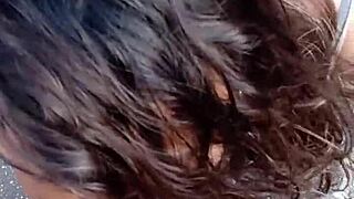 Sucking on balcony, pussy exposed