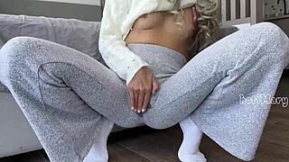 big ass babe tries not to squirt cum inside her panties