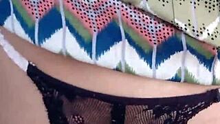 Sucking on balcony, pussy exposed