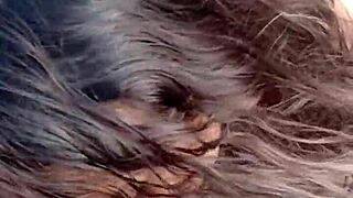 Sucking on balcony, pussy exposed