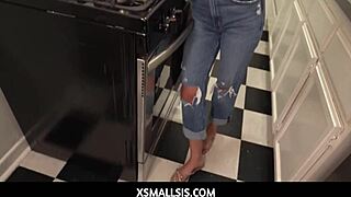 hey, stunning teen 18+ stepsis learns cooking from me in the kitchen!!