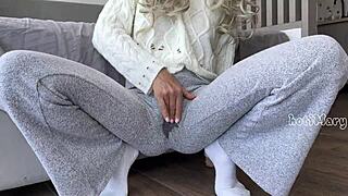 big ass babe tries not to squirt cum inside her panties