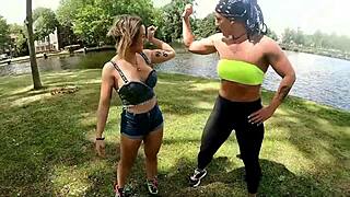 hot lesbian personal training trailer with big tits and assfucking
