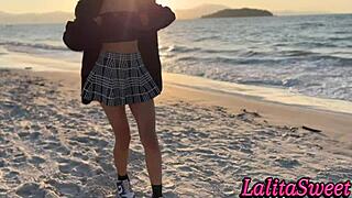 wow that delicious latina teasing me on the beach showed her little pussy and got milk inside