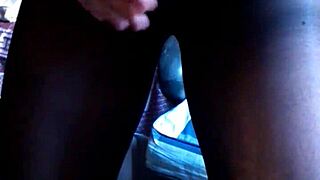 Explosive cum shot right into black pantyhose!