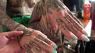 busty tattooed rin strips and sucks cock with sloppy kisses