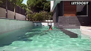 Bffs engage in nasty lesbian fuck by the pool.