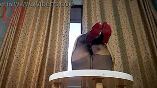 Nice Lady Strips in Pantyhose and Heels at Round Table