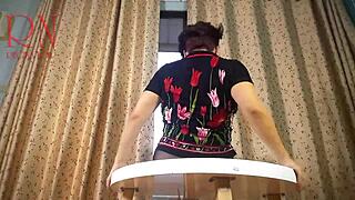 Nice Lady Strips in Pantyhose and Heels at Round Table