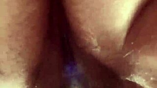 Up close hairy pussy glass dildo masturbation reveals tantalizing contrasts