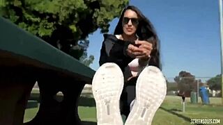 Mexican beauty Jessica shows off her size 11 soles in the sun