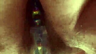 Up close hairy pussy glass dildo masturbation reveals tantalizing contrasts