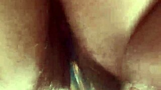 Up close hairy pussy glass dildo masturbation reveals tantalizing contrasts