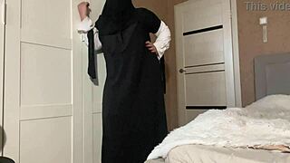 stepmom in hijab shows pantyhose to stepson