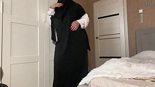 stepmom in hijab shows pantyhose to stepson
