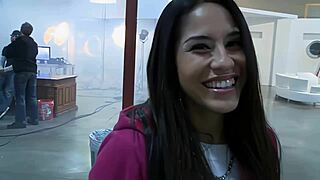 Slutty brunette in fishnets gets fucked hard on the bed.