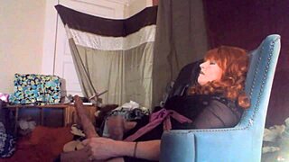 sexy red headed tranny ms head swallows her 8 vibrating dildo in masturbation