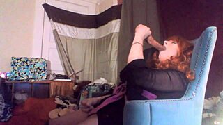 sexy red headed tranny ms head swallows her 8 vibrating dildo in masturbation