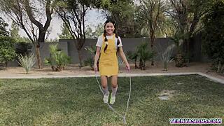 tiny asian teen gets strapon threesome punishment from neighbors 😈