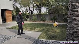 tiny asian teen gets strapon threesome punishment from neighbors 😈