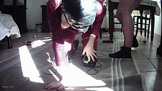 Milf in leather catsuit gets throated and fucked, cum on tits