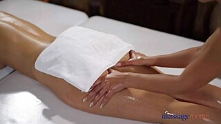 Massage Room's Busty Brunettes Emily Bright and Shalina Devine Oiled Up to Orgasms