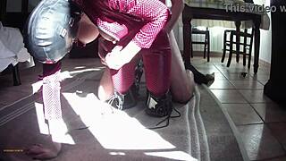 Milf in leather catsuit gets throated and fucked, cum on tits