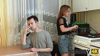 sexually greedy teen explores kitchen desires with older figures