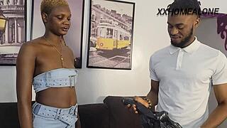 Sexy delivery girl in mini skirt reveals sweet pussy