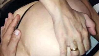 Mature married couple engages in amateur POV anal sex and assfucking during their wedding day.