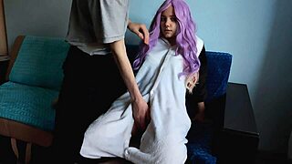 Cute purple-haired girl delights in my penis.