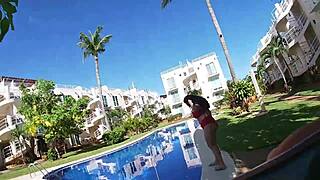 bbw with huge tits rides cock after pool fun, creampie follows