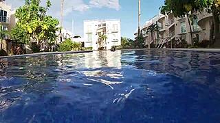 bbw with huge tits rides cock after pool fun, creampie follows