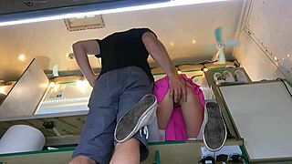 Boss intensely plays with shop assistant's pussy during customer talk