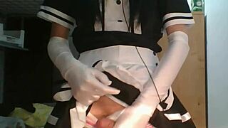 Little Femboy Maid Swallows His Own Cum