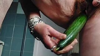 Wow, grandma is fucking her hairy pussy with a cucumber! So intense!