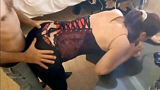 Amoul Solo Showcases White Slut in Red Black Thong Corset Spandex Pants Heels Blowjob POV Doggystyle Rimming