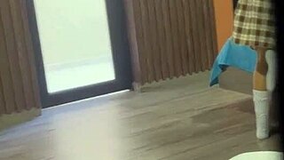 Perverted stepfather catches stepdaughter fingering her ass after school. He fucks her from behind.