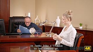 Naughty blonde flaunts her big sex experience at job interview.