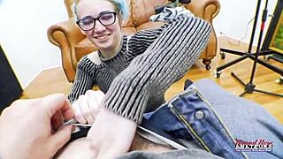 exotic skinny coed raven finger fucks her shaved pussy and sucks a cock.