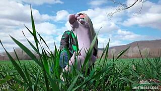 Goddess Feet In Cute White Socks On Spring Grass Field