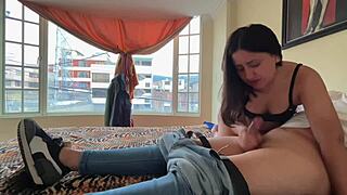 Horny secretary removes condom from coworker at office. Dirty talk huge tits cum in vagina.