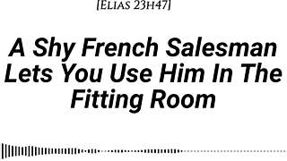 shy french salesman pulled into fitting room for oral and riding