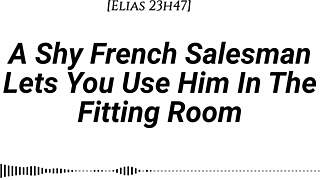shy french salesman pulled into fitting room for oral and riding