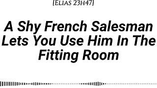 shy french salesman pulled into fitting room for oral and riding