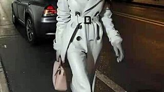 After work, she embraces her dirty leather fantasy, dancing outdoors in boots and skirt, teasing in public.