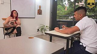 i discover my student doing porn and i fuck him in class with big tits and pussy licking