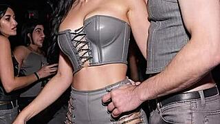 After work, she embraces her dirty leather fantasy, dancing outdoors in boots and skirt, teasing in public.