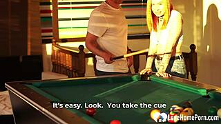 sexy tattooed redhead breaks billiard room rules with bent over sex