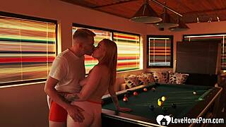 sexy tattooed redhead breaks billiard room rules with bent over sex